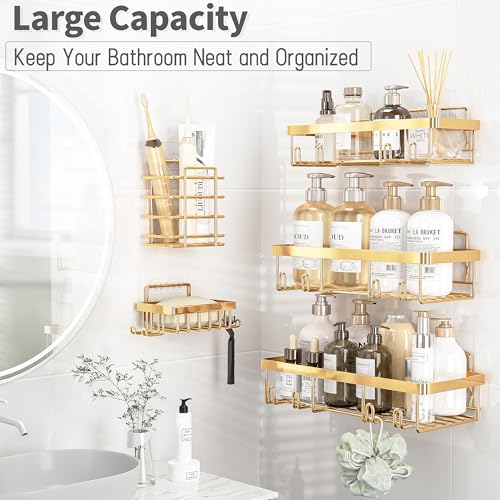 Liuoud 10 Pack Shower Caddy Organizer Rack Shelf for Inside Shower, Self Adhesive Wall Storage Basket Rustproof Stainless Steel Shampoo Holder Bathroom Accessory Decor Set, Gold - color: Gold