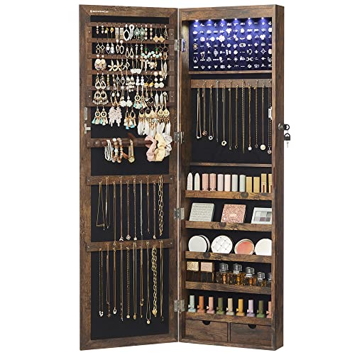 SONGMICS 6 LEDs Mirror Jewelry Cabinet, 47.2-Inch Tall Lockable Wall or Door Mounted Jewelry Armoire Organizer with Mirror, 2 Drawers, 3.9 x 14.6 x 47.2 Inches, Rustic Brown UJJC93CB - color: Rustic Brown