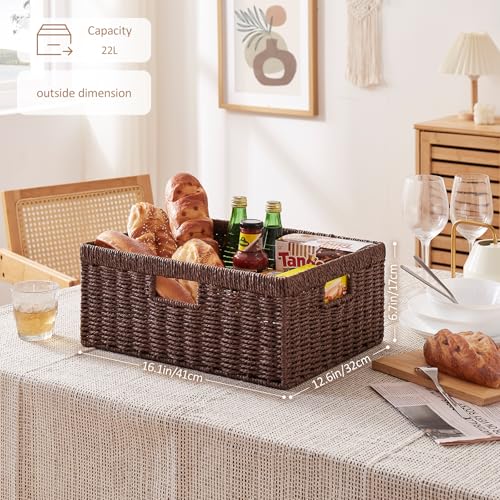 OIAHOMY Wicker Storage Basket, Rectangular Paper Rope Shelf Baskets with Built-in Handles, Woven Decorative Organizer for Pantry, Shelves, Living Room and Bathroom, 1-Pack Brown - color: Brown