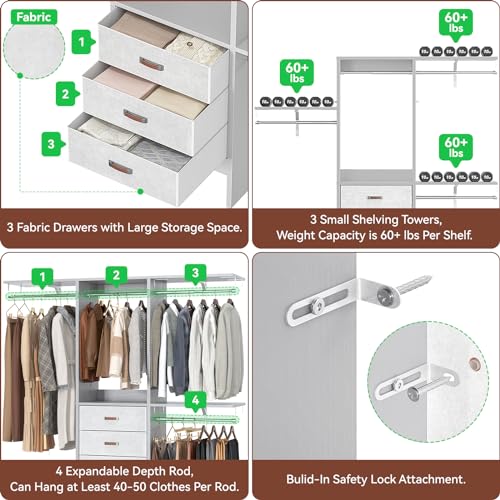 Armocity 5FT Small Closet System with 3 Fabric Drawers, 60 Inches Walk In Closet Organizer System With 3 Adjustable Shelves, Heavy Duty Clothes Rack Built-In Garment Rack, 59" L x 16" W x 71" H, Grey - color: Grey