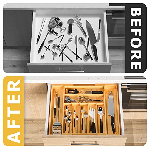 Utensil Organizer Silverware Tray For Drawer - Expandable Silverware Organizer Bamboo Flatware Organizer for Kitchen Utensils and Cutlery, Living Room Storage Box W13.5"-19.9" x L17.6" (Yellow) - color: Yellow, size: 9 Slot