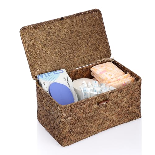 Sumnacon Wicker Basket with Lid Rectangle Woven Baskets for Toiletries Tampon Storage,Wicker Storage Basket with Lid,Decorative Seagrass Storage Baskets for Shelf Bathroom Toilet Table, Coffee - color: Coffee, size: Medium