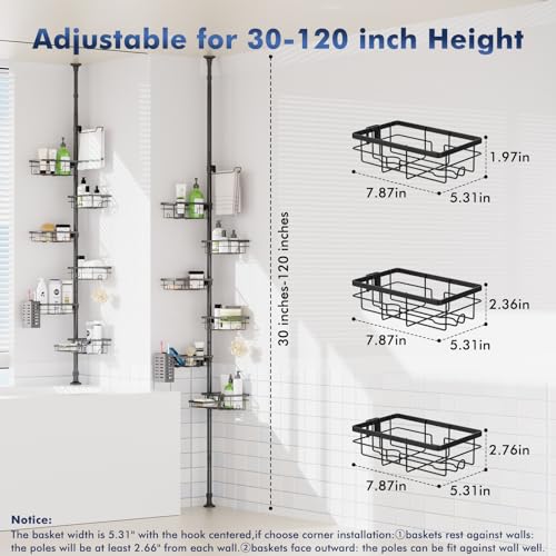 Shower Caddy Organizer Tension Pole, Rustproof 6-Pack Corner Shelf with 30-120 Inch Adjustable Shower Rack for Inside Shower, Extra Towel Bar & Soap Dish for Bathroom Organizers and Storage, Black - color: Black