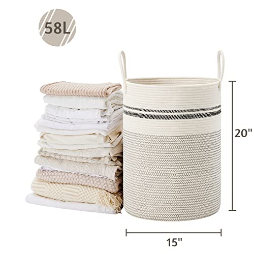 VIPOSCO Large Laundry Hamper, Tall Woven Rope Storage Basket for Blanket, Toys, Dirty Clothes in Living Room, Bathroom, Bedroom - 58L Stripe White - color: Stripe White, size: 58L