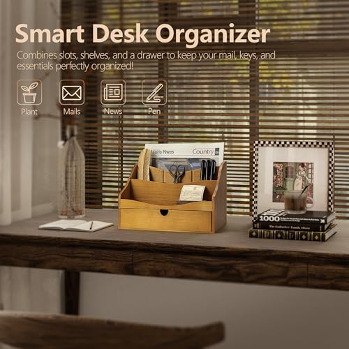 Rebee Vision Pine Wood Mail Organizer for Desk - Rustic Chic with Drawer & Dividers - 4-Slot File Holder & Small Items - Storage Organizer for Charming Home Decor(Yellow) - color: B-Yellow