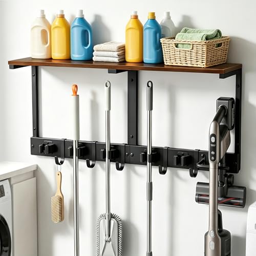 Novabright Heavy Duty Broom Holder Wall Mount with Cleaning Supplies Organizer, 27 Inch Laundry Room Shelf Broom and Mop Organizer Wall Hanging with Mop Hanger, Vacuum Grip Hooks, for Home Garage