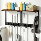 Novabright Heavy Duty Broom Holder Wall Mount with Cleaning Supplies Organizer, 27 Inch Laundry Room Shelf Broom and Mop Organizer Wall Hanging with Mop Hanger, Vacuum Grip Hooks, for Home Garage