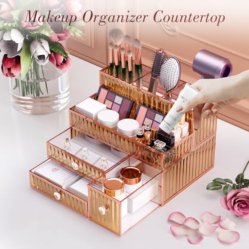 Makeup Organizer Golden- Tempered Glass Vanity Organizer for Cosmetics, Skincare, Hair Tools, Brushes, Perfume - Multipurpose Bathroom Counter Skincare Organizer - color: Golden