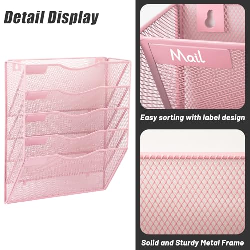 EASEPRES 5 Pocket Mesh Hanging Wall File Organizer, Wall Mounted Mail Paper Document Folder Holder, Clipboard Storage Organization Magazine Rack with Nametag Label for Office Home School, Pink - color: Pink, size: 5 Tier