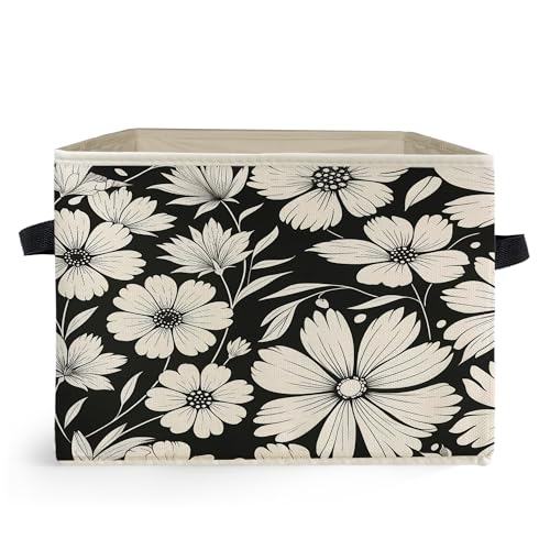 Black and White Floral Storage Box Bins, Vintage Botanical Daisy Flower Collapsible Storage Basket Organizer for Bedroom Laundry Room Home Clothes Toys Books, Toybox for Girls - color: Floral L