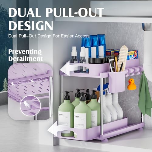 VERIFOST Under Sink Organizer - 2 Pack Adjustable Height, 2 Tier Organizers for Bathroom & Kitchen Sink, Purple - color: Purple