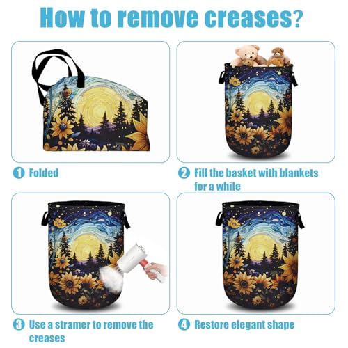 Starry Sky Sunflower Laundry Basket, Moon Flower Laundry Hamper Collapsible Oxford Cloth with Handle Clothes Toy Storage Bin for Bathroom Laundry Room Bedroom 15.7 X 20 Inch - color: Starry Sky Sunflower Moon