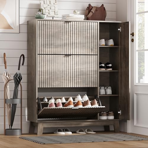 Shoe Cabinet Storage for Entryway with 3 Flip Drawers & Side Cabinet, Fluted Narrow Shoe Organizer with Wooden Leg, Freestanding Shoe Storage Hidden Shoe Rack Organizer for Front Door Entrance, Grey - color: Grey, size: 3 Drawer with Door