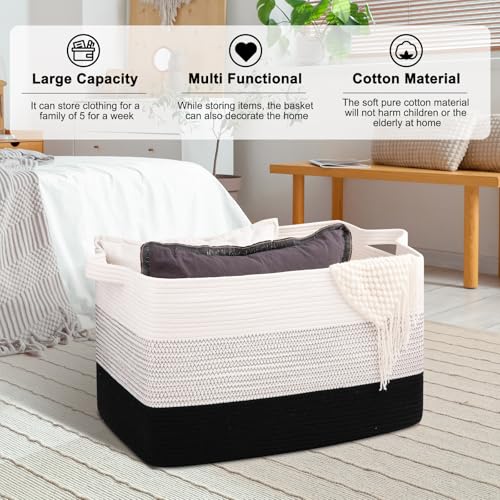 OIAHOMY Extra Large Blanket Basket, 95L Cotton Rope Woven Laundry Basket, Toy Bin for Baby Room, Container for Blanket Storage in Living Room, 24''×17''×14'', Gradient Black - color: Gradient Black, size: 95L