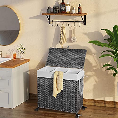 GREENSTELL Laundry Hamper with Wheels&Lid, 130L Large 3 Sections Clothes Hamper with 2 Types Removable Liner Bags, 5 Mesh Laundry Bags, Handwoven Divided Laundry Basket Gray - color: Gray, size: 130L: 25.6x13.0x25.7 Inches