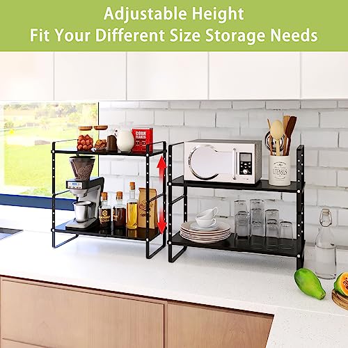 Across-Star Expandable Cabinet Shelf Organizer Rack, Stackable Kitchen Counter Storage Shelves Stand, Adjustable Height Pantry Shelf Spice Rack (Black, 2 Pack) - color: Black-2 Pack, size: 7.87''D*13-20''W*8.27''H