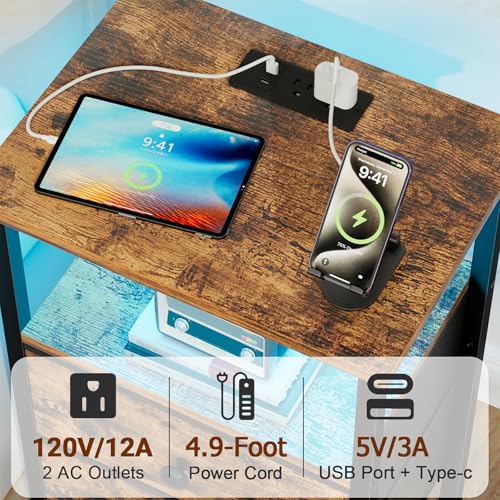 LOAKEKEL Night Stand with Charging Station, Small Bedside Table with USB Ports & Outlets, LED Nightstand with 2 Fabric Storage Drawers PU Finish for Bedroom, Brown, HETS02BR-1 - color: Rustic Brown, style: Two-drawer