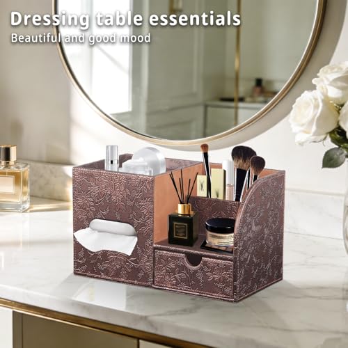 YAPISHI Tissue Box Cover with Storage Tray and Drawer, PU Leather Square Tissue Box Holder, Modern Cube Facial Tissue Dispenser, Makeup Holder, Remote Control Organizer for Nightstand, Bathroom Vanity - color: Archaize
