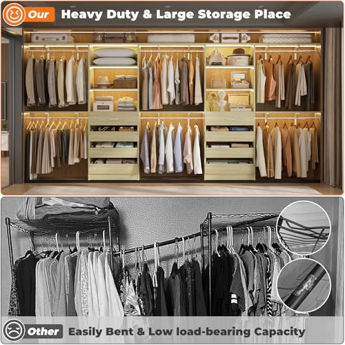 Aheaplus Closet System with Drawers Set of 2, Wood Closet Organizer System with 8 Hanging Rods & Top Shelves, Walk-in Closets Organizer Wardrobe Clothes Rack, Cut Fits Spaces 4-9FT. Wide, White Oak - color: White Oak-2Sets