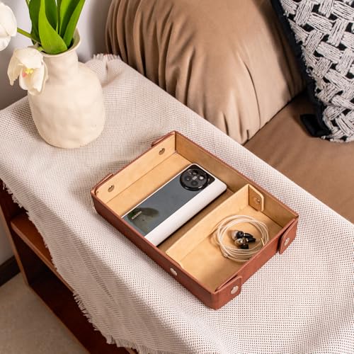 PU Leather Valet Tray Small NightStand Bedside Entry Table Trya with Partition for Phone Jewelry Glasses Keys and Coins Father's Day Birthday Gifts (Brown and Pink) - color: Brown and Pink