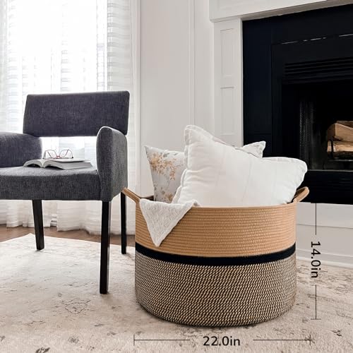 CHICVITA XXL Extra Large Cotton Rope Woven Basket, Throw Blanket Storage Basket with Handles, Decorative Clothes Hamper - 22" x 22" x 14", Brown&Black - color: Brown and Black