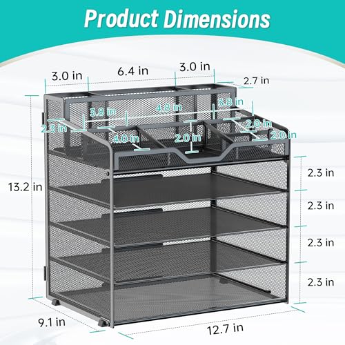 5 Tier Mesh Desk Organizer,Multi Functional Letter Paper Tray with 3 Pen Holders and 5 Adjustable Storage Compartments for Office Supplies Files and Mail Space Saving Desktop Organizer-Black - color: 5 tier-Black