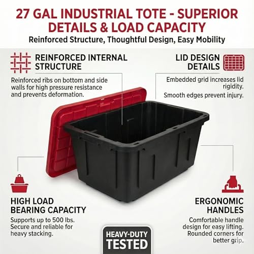 27 Gal Industrial Tote,4 Pack Plastic Storage Bins with Lids Tough Large Storage Bin,Black with Red Lid Plastic Storage,Stackable & Nestable for Garage, Basement, or Outdoor (4 Pack) - size: 4 Pack