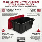 27 Gal Industrial Tote,4 Pack Plastic Storage Bins with Lids Tough Large Storage Bin,Black with Red Lid Plastic Storage,Stackable & Nestable for Garage, Basement, or Outdoor (4 Pack) - size: 4 Pack