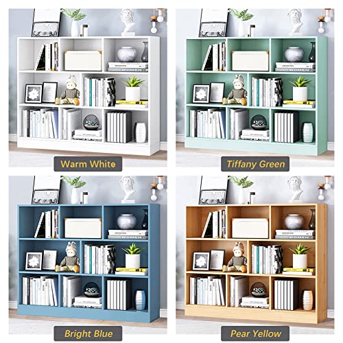 IOTXY Open Shelf Low Bookcase - Wooden 3-Tier Floor Standing Display Cabinet Organizer with Base, 8 Cubes Short Horizontal Bookshelf in Bright Blue - color: Bright Blue, size: 100CM Base