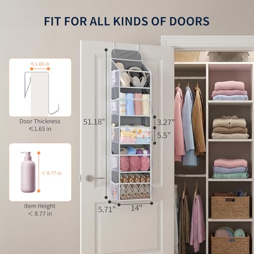 Yecaye 5-Tier Over the Door Organizer Hanging, Toy Stuffed Animal Storage, Behind the Door Storage with 5 Clear View Windows & 10 Side Pockets, Over the Door Storage for Bathroom Closet Nursery, Grey - color: Grey