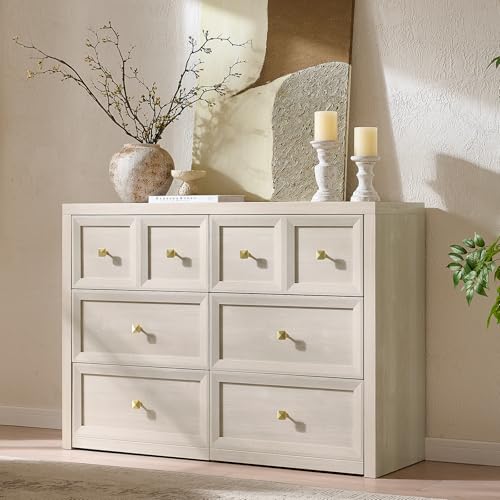 6 Drawers Dresser for Bedroom-46.5" Wide Wooden Chest of Drawers with Large Storage, Long Dresser TV Stand with Drawers, Farmhouse Closet Dressers for Living Room Bedroom, Grey White - color: Beige, size: 15.5"D x 46.5"W x 33.6"H (6 Drawers)
