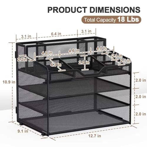 Docnest 4 Tier Mesh Desk Organizer, Multi-Functional Paper Letter Tray with 5 Adjustable Compartments & 3 Pen Holders - Space-Saving Desktop Storage for Office Files, Mail, Stationery - Black - color: Black, size: 4 Tier
