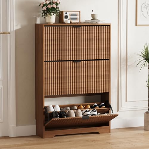 Shoe Cabinet Storage for Entryway with 3 Flip Drawers, Walnut Fluted Shoe Cabinet with Adjustable Shelves, Wooden Hidden Shoe Rack Freestanding Narrow Slim Shoes Storage for Hallway, Entrance - color: Walnut, size: 3 Drawer