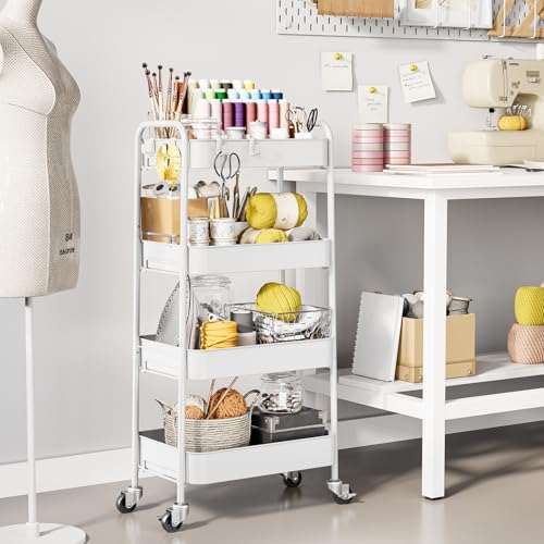 TOOLF 4-Tier Rolling Cart - Metal Storage Organizer with Lockable Wheels, 44 lbs Per Shelf Capacity, Tool-Free Assembly, for Kitchen Bathroom Office Laundry Room Nursery, White - color: White, size: 4-Tier
