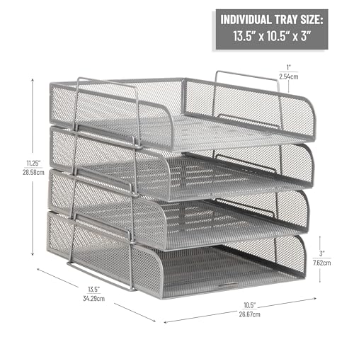 Mind Reader Stackable Paper Tray, Desktop Organizer, File Storage, Office, Metal Mesh, 10.5" L x 13.5" W x 11.25" H, 4 Pcs., Silver - color: Silver