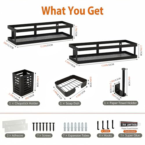 PUSDON 5-in-1 Shower Caddy & Kitchen Organizer Set, Wall Mount Wide Spice Rack with Paper Towel Holder, Utensil Holder, Soap Dish, Rustproof Mesh Baskets Hold 50LBS - Matte Black, Guardrail - color: Matte Black, size: 5-in-1 Minimalist (12.6" Wide)