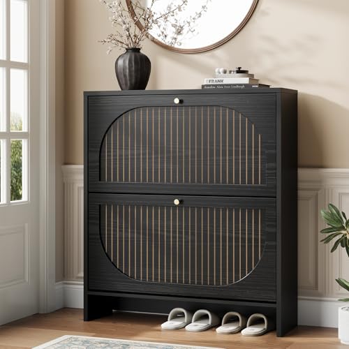 Nicetree Arch-Chic Shoe Cabinet for Entryway, Modern Mid-Century Shoe Storage Cabinet with Fluted, Narrow Shoe Rack with Adjustable Shelves & Tipping Protection, Fits Size 12 Shoes,Black - color: Black, style: 2 Flip Drawer - Fluted Arch