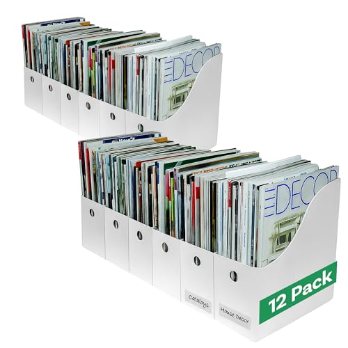 Evelots Magazine File Holder - Set of 12 White - Office Desk Organizer - Sturdy Cardboard - New Upgraded Double Front Panel for More Stability - Full 4 Inch Wide - Easy Assemble - color: White, size: Set of 12