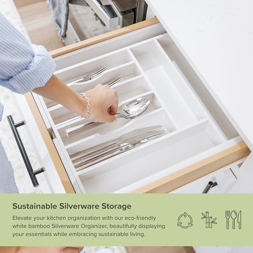 KitchenEdge Premium Silverware, Flatware and Utensil Organizer for Kitchen Drawers, Food-Safe Contract Grade, Expandable from 14.5 to 25 In, White Bamboo - color: White Bamboo, size: From 14.5" to 25" wide