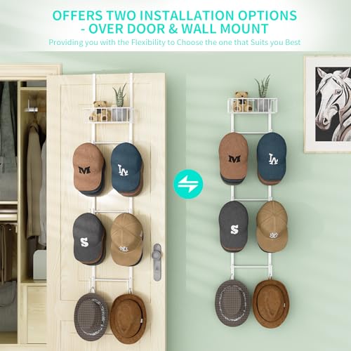 HapiRm Over Door Hat Rack - Wall Mounted Hat Holder with 6 Hooks and Metal Basket Design, Baseball Cap Organizer Storage Up to 32 Caps for Door, Bedroom, Closet (White) - color: White, size: 1 Pack
