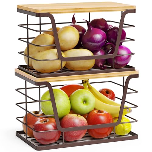 ALOCEO 2 Pack Stackable Wire Storage Basket with Bamboo Lip, Trash Bag Dispenser Under Sink for 4-13 Gal Bags, Kitchen Storage Bins for Potato and Onion, Brown - color: 2-pack - Xl&l Brown
