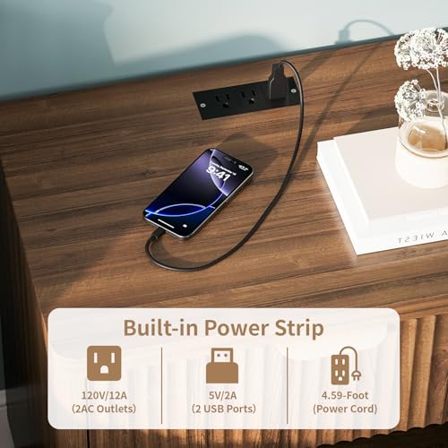 Fluted Nightstand with Charging Station, 22.8Inch Wide Bedside Table End Table with Drawer, Curved Corners, Modern Bedside Table for Bedroom, Living Room, Sofa, Walnut - color: Rectangle - Walnut