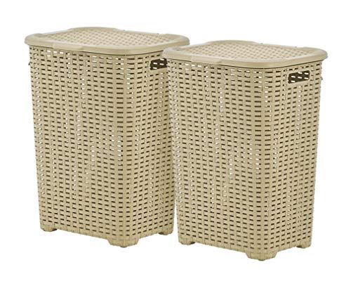 Plastic Laundry Hamper with Lid 2 Pack Laundry Hamper Basket, Beige Tall Cloths Hamper Organizer with Cut-out Handles. Space Saving for Laundry Room Bedroom Bathroom, Wicker Design 60 Liter - color: Beige, size: 2-pack