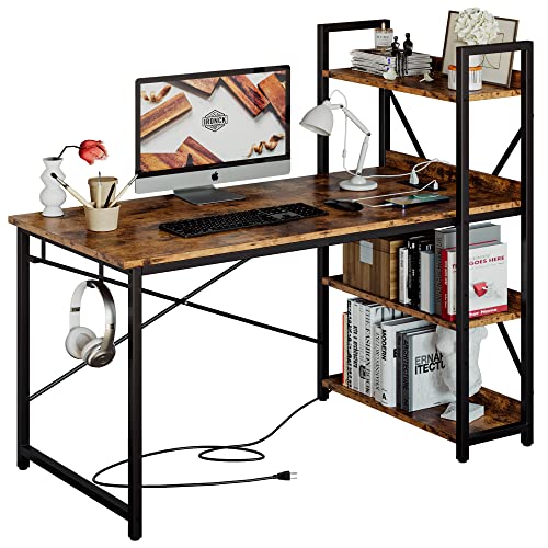 IRONCK Computer Desk 47" with Power Outlet and Storage Shelves, Study Writing Table with USB Ports Charging Station, PC Desk Workstation for Home Office, Rustic Brown - color: Rustic Brown, size: 47 inches