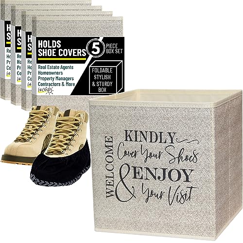 Life Charge Shoe Covers Box - Real Estate Open House Supplies for Realtor Listings. Shoe Cover Holder for Home asks to Please Cover Shoes - Fill with Shoe Booties - Indoor Use | 5 Pack Beige & Black - color: Beige and Black, size: 5