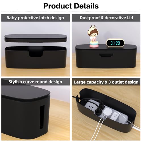 Cable Management Box - Large Cord Organizer Box to Hide Power Strip & Under Desk, TV Computer Wires Cable Organizer Box with Baby Proofs, Desk Cord Organizer for Home/Office - Black - color: Black