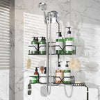 Sewulidon Stainless Steel Hanging Shower Caddy for Handheld Shower Heads,Adjustable Height Extra Long Bathroom Shower Organizer Hanger Rack with Hooks,Soap Holder - color: Black