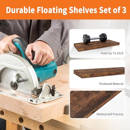 Upassion Floating Shelves for Wall Set of 3, 16" Rustic Brown Floating Shelves, Home Decor, Frame Display Wall Shelf for Bedroom, Kitchen, Bathroom, Living Room - color: Rustic Brown, size: 16 Inch