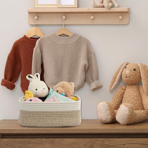 XUANGUO Small Woven Storage Baskets 12“X8”X5“ Decorative Rope Bins for Organizing Shelves, Closets, and Toys, Empty Gift Baskets, Cute Organizer Basket for Home and Office (white and brown regular) - color: white and brown, size: regular