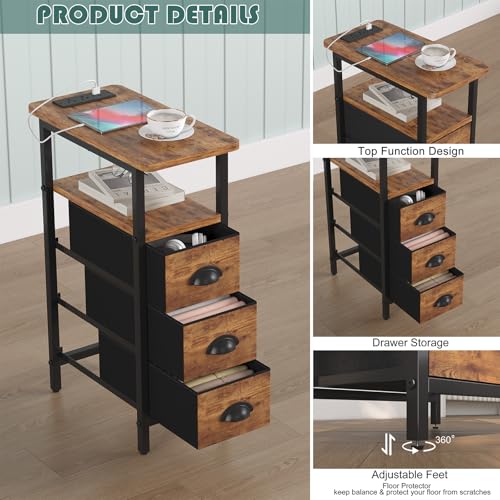 sthmec End Table with Charging Station,LED Side Tables with USB Ports and Outlets,Skinny Bedside Table with 3 Drawers,Small Nightstands for Small Space,Slim Sofa Table for Livingroom,Rustic Brown - color: Rustic Brown, size: 7.88'' W*15.75'' D*24.3'' H, s